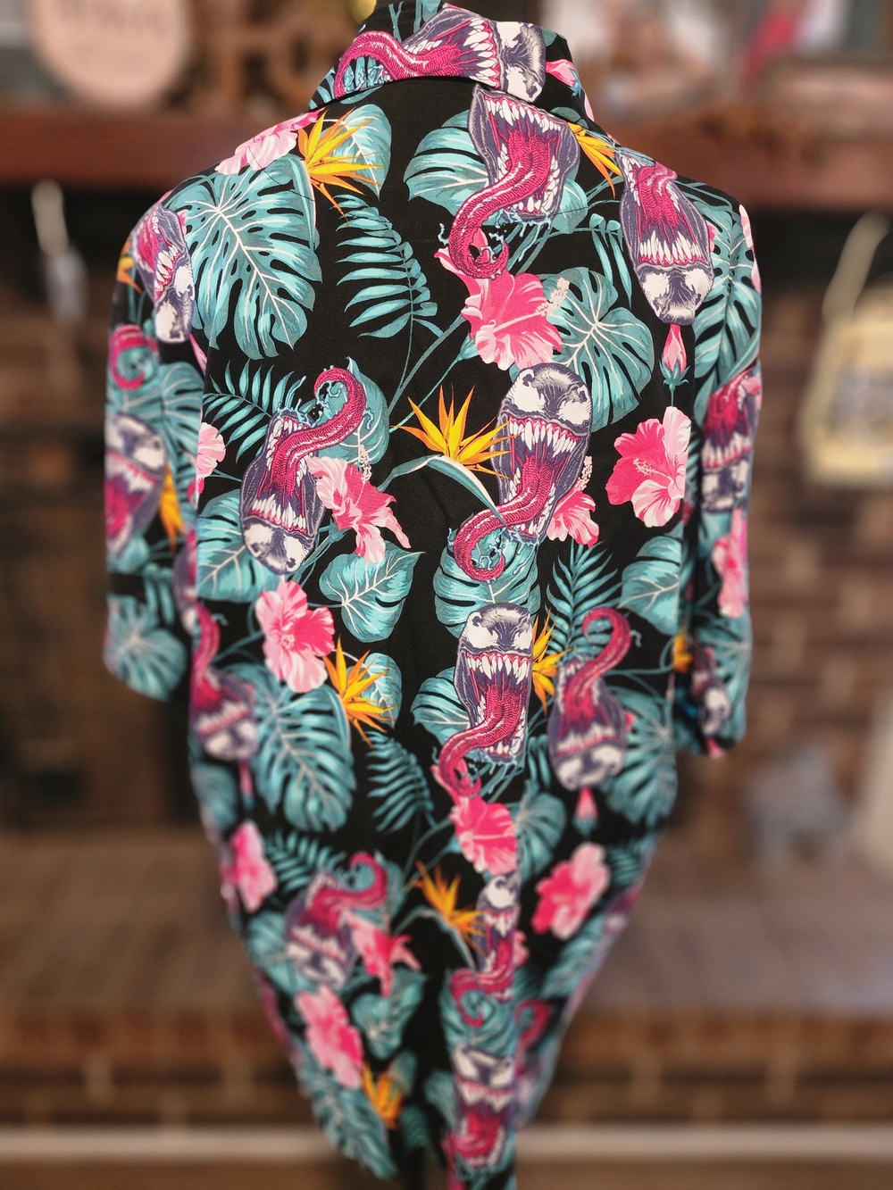 Tropical Floral Button-Up Shirt - Black with Pink & Teal - Picture 3 of 4